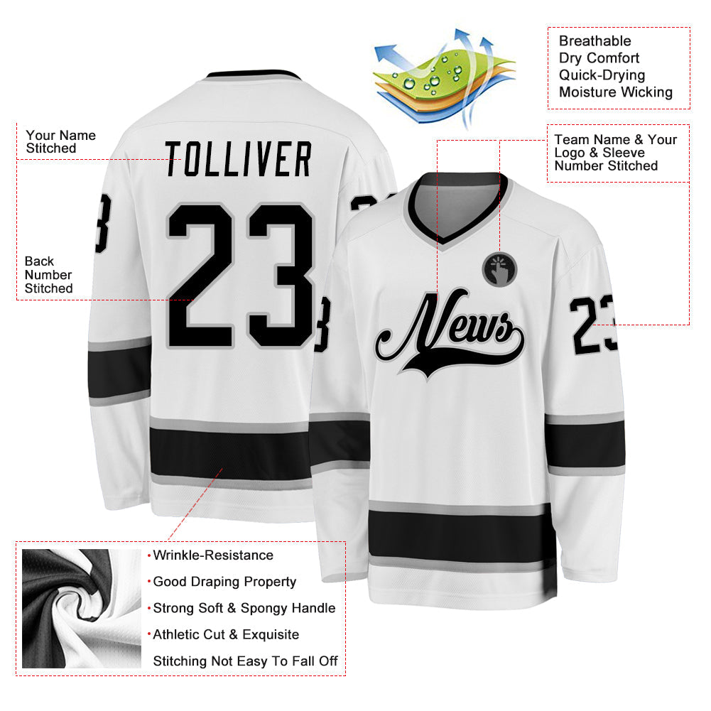 Custom White Black-Gray Hockey Jersey view 3