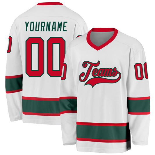 Custom White Red-Green Hockey Jersey - Main View