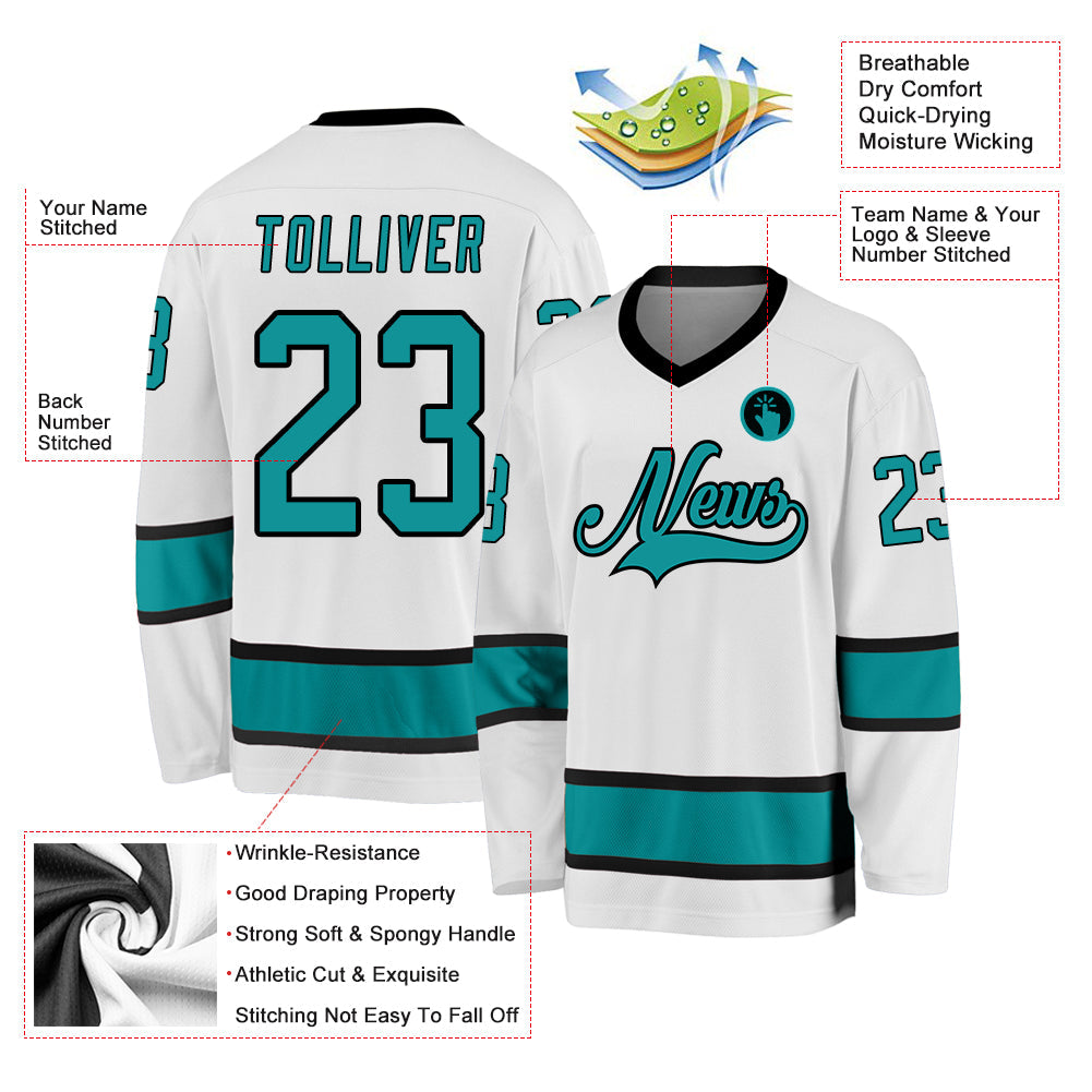 Custom White Aqua-Black Hockey Jersey view 2