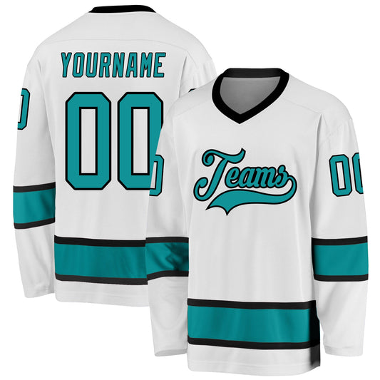 Custom White Aqua-Black Hockey Jersey - Main View