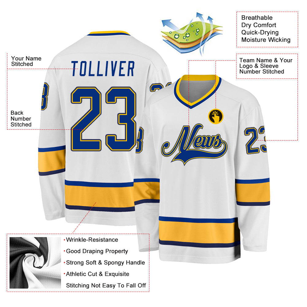 Custom White Royal-Gold Hockey Jersey view 2