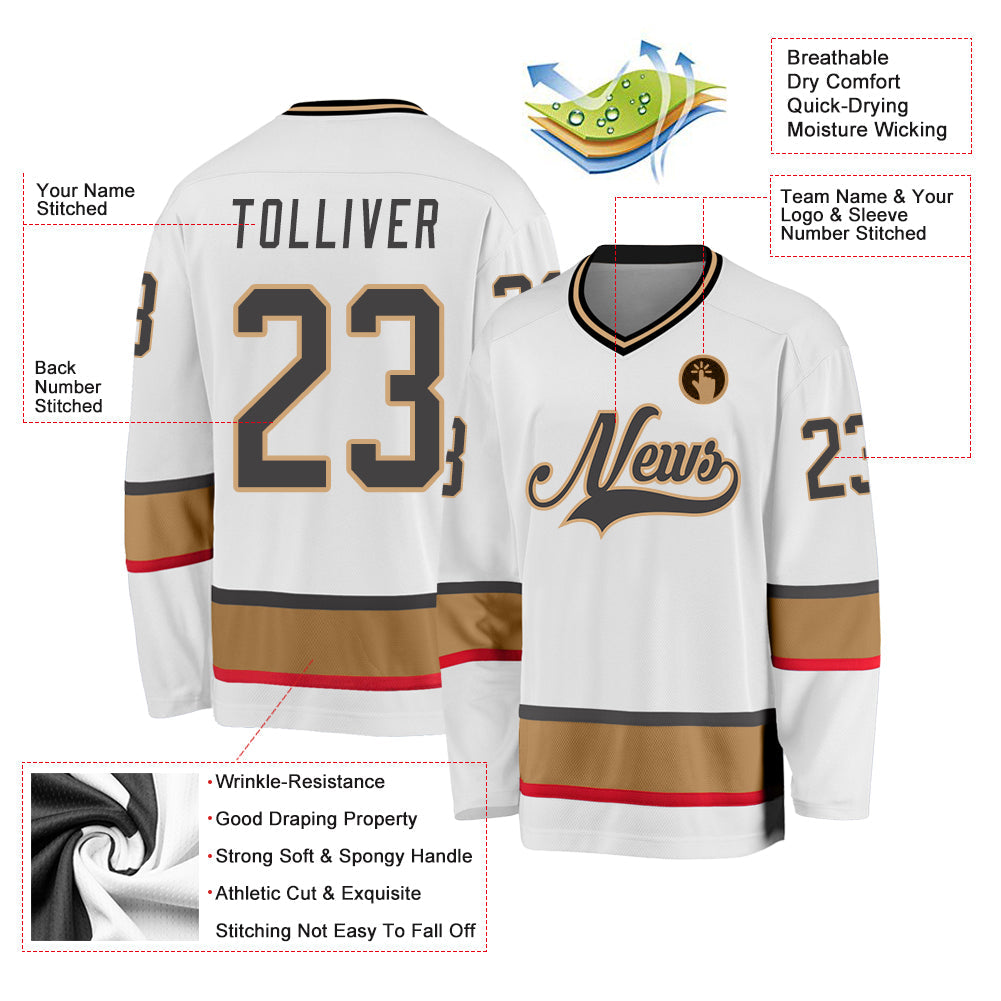 Custom White Steel Gray-Old Gold Hockey Jersey view 2