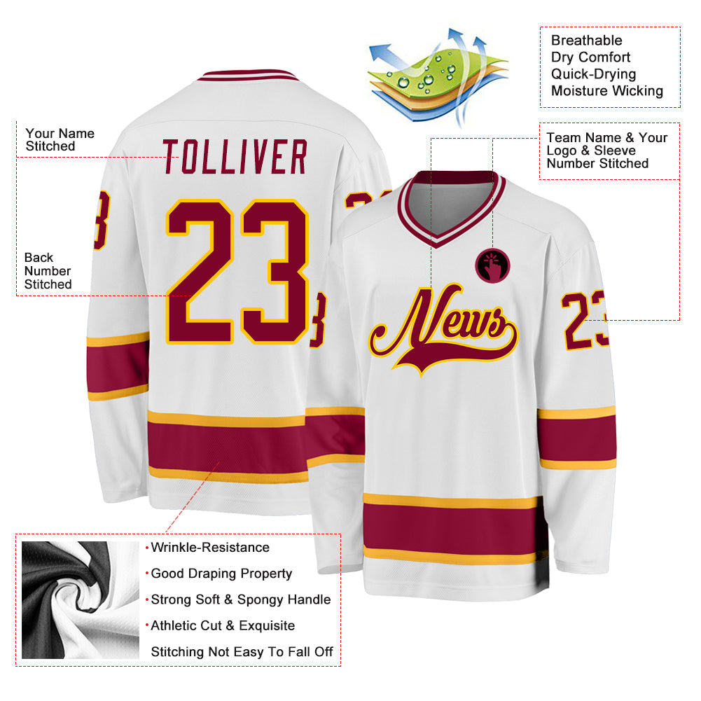 Custom White Maroon-Gold Hockey Jersey view 2