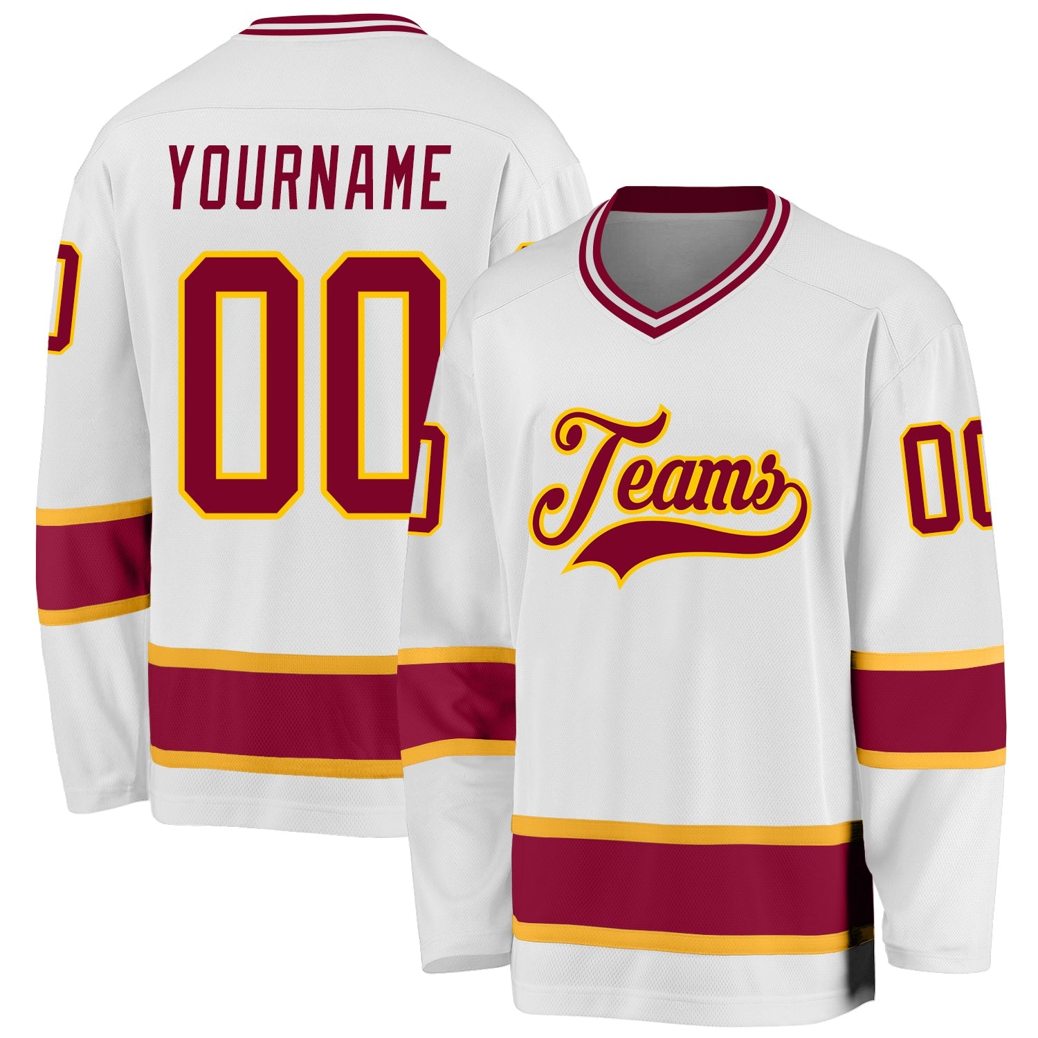 Custom White Maroon-Gold Hockey Jersey - Main View