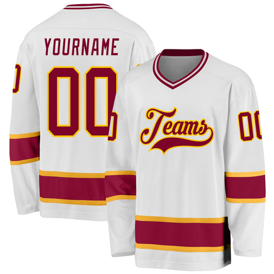 Custom White Maroon-Gold Hockey Jersey - Main View