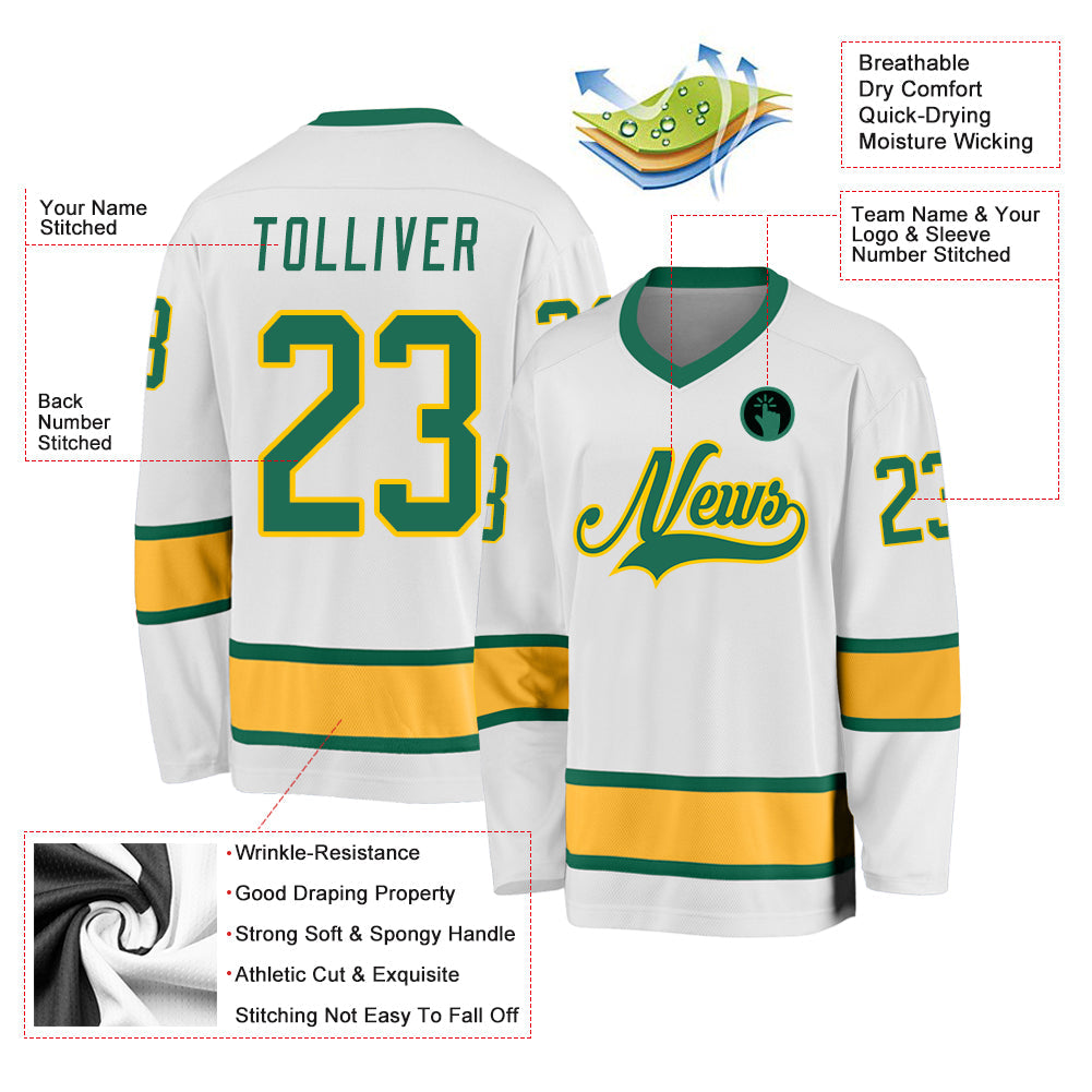 Custom White Kelly Green-Gold Hockey Jersey view 2
