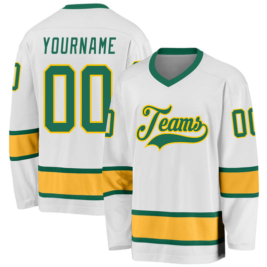 Custom White Kelly Green-Gold Hockey Jersey - Main View