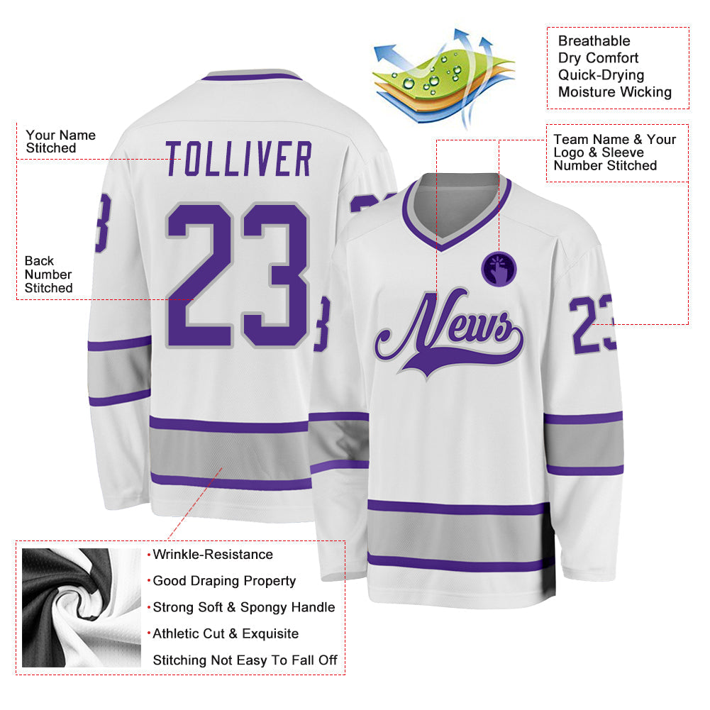 Custom White Purple-Gray Hockey Jersey view 2