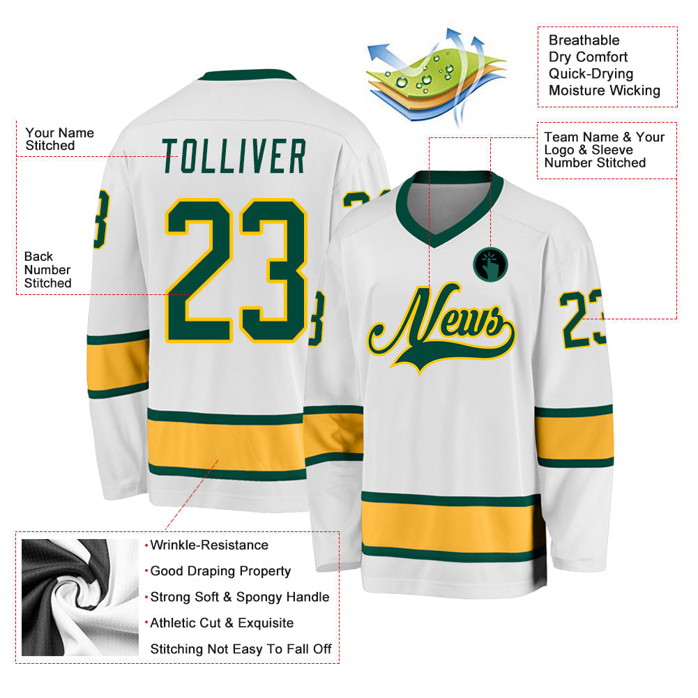 Custom White Green-Gold Hockey Jersey view 2