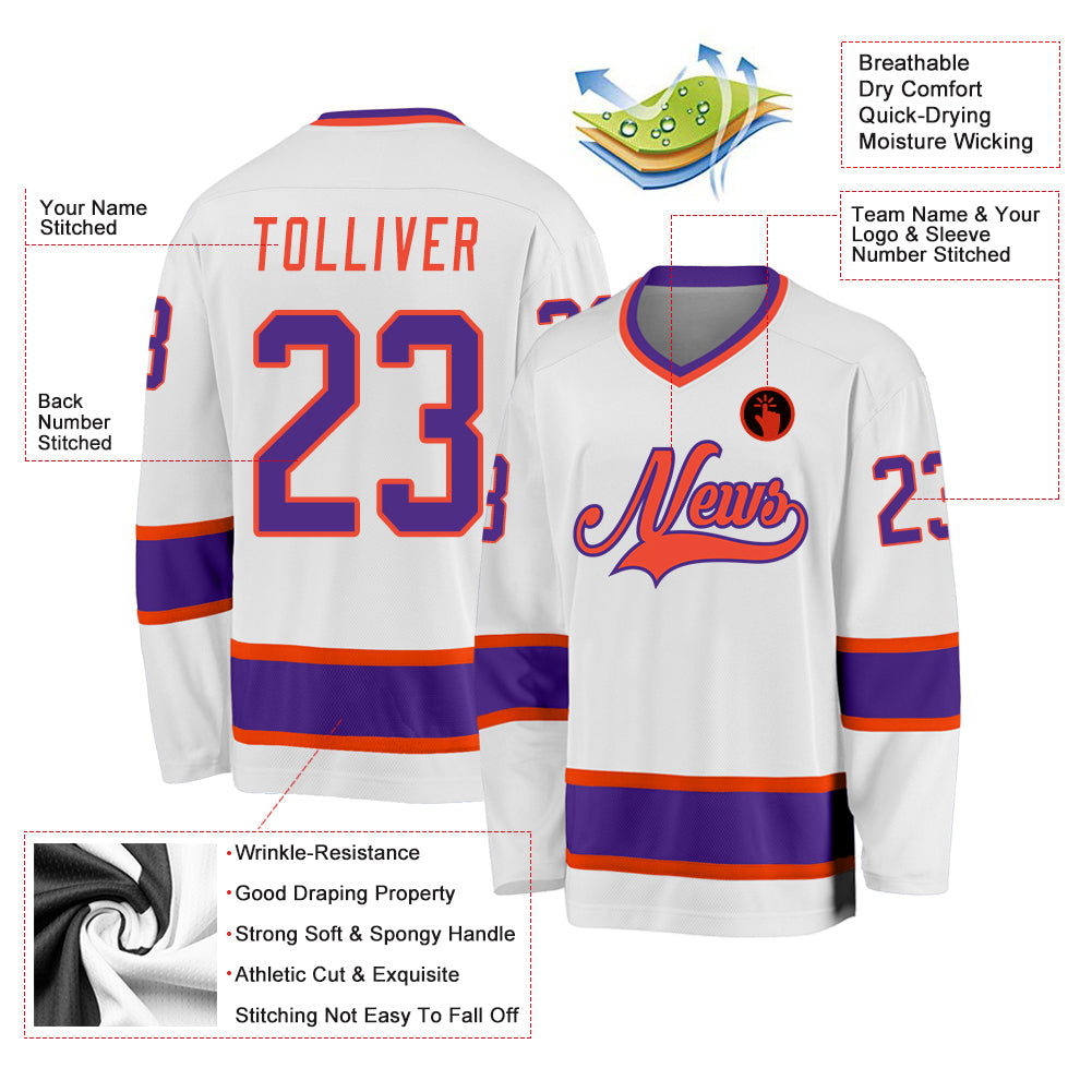 Custom White Purple-Orange Hockey Jersey view 2