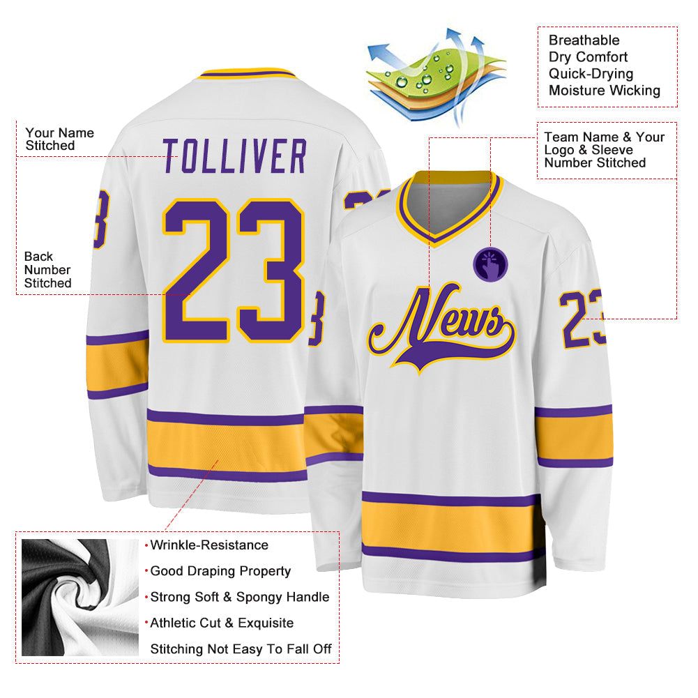Custom White Purple-Gold Hockey Jersey view 2