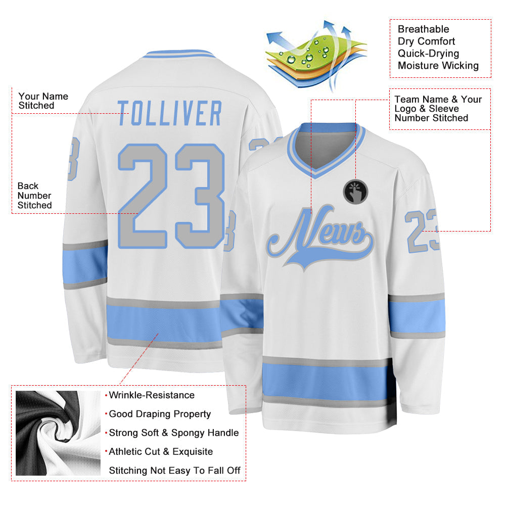 Custom White Gray-Light Blue Hockey Jersey view 2