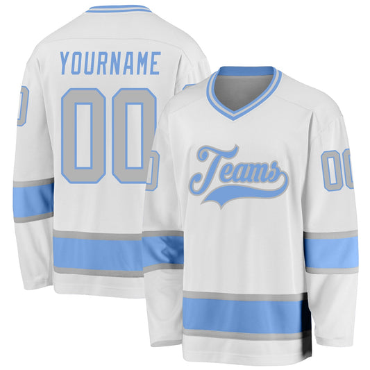 Custom White Gray-Light Blue Hockey Jersey - Main View
