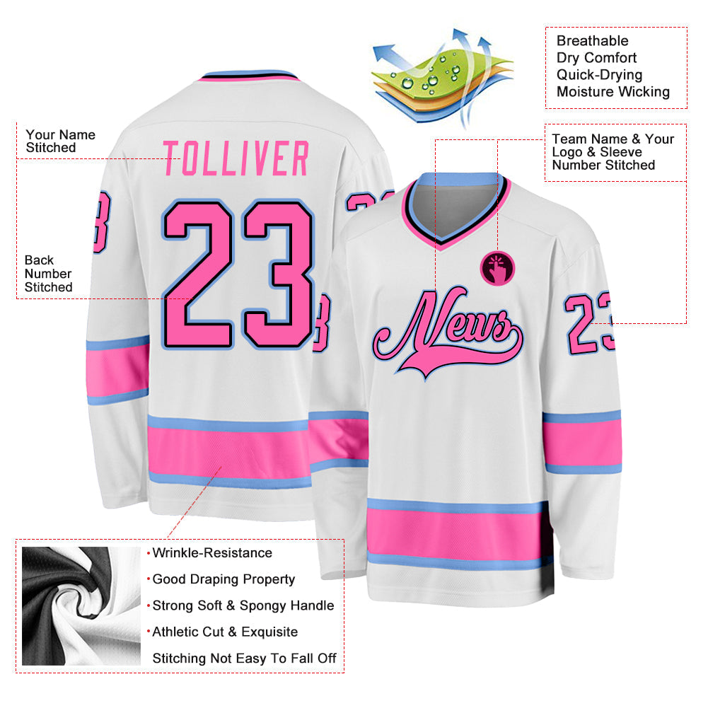Custom White Pink-Light Blue Hockey Jersey view 2