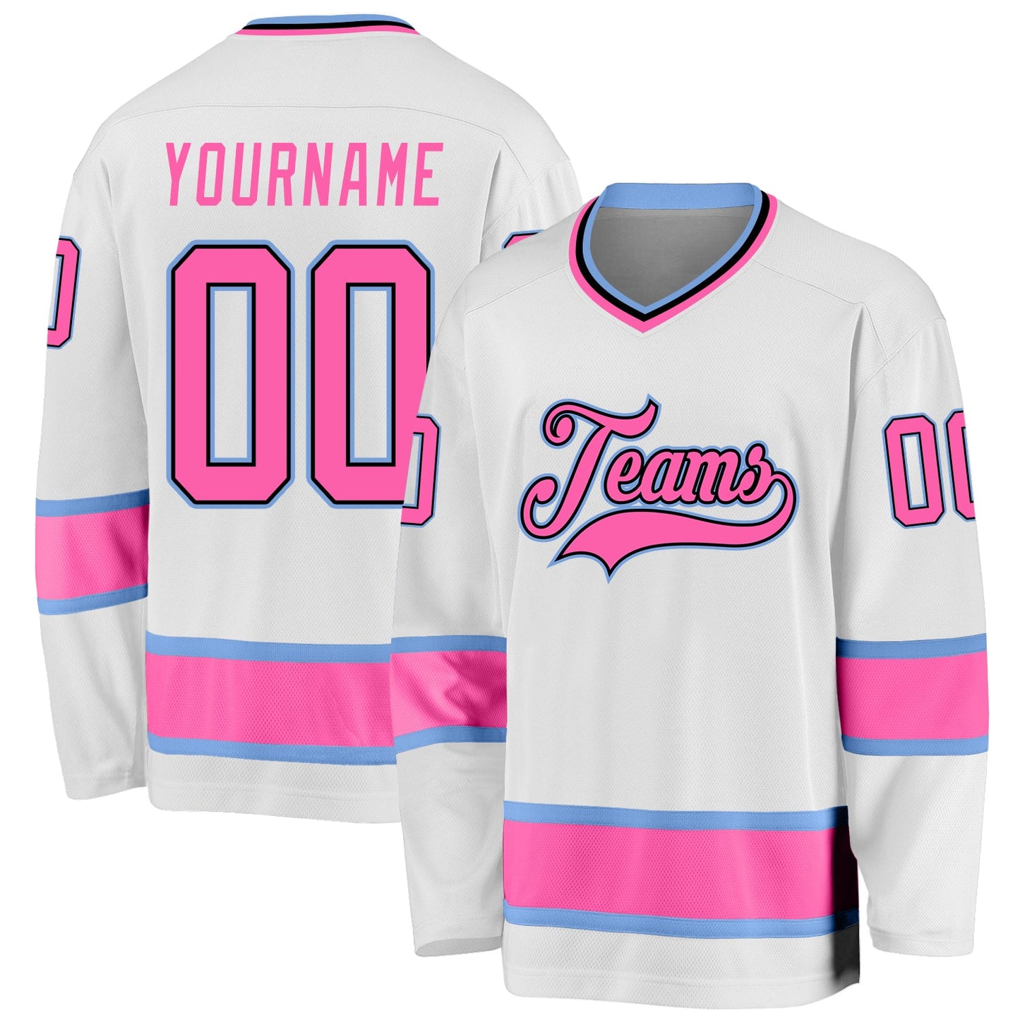 Custom White Pink-Light Blue Hockey Jersey - Main View