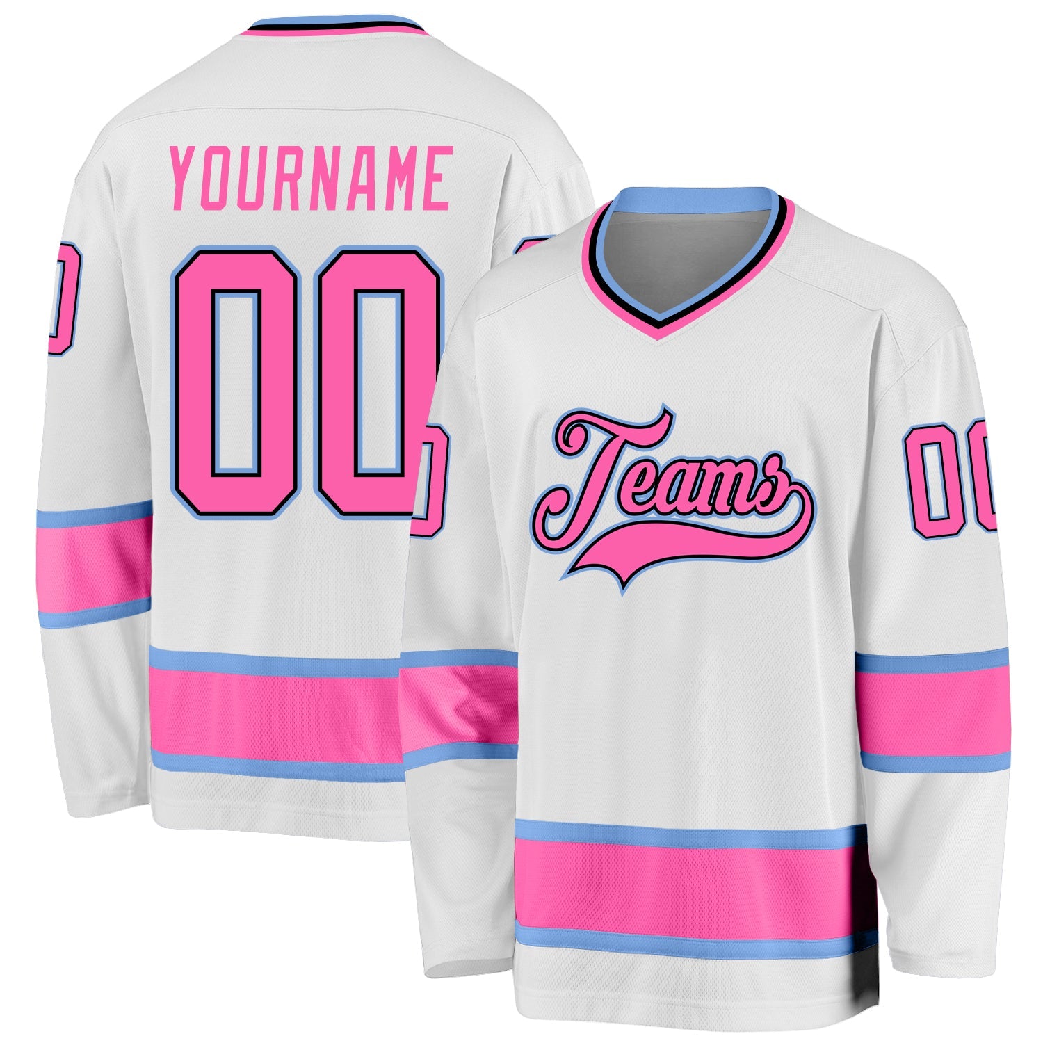 Custom White Pink-Light Blue Hockey Jersey - Main View