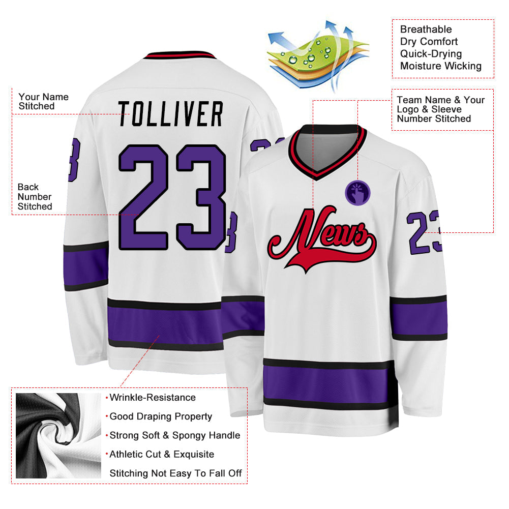 Custom White Purple-Black Hockey Jersey view 2
