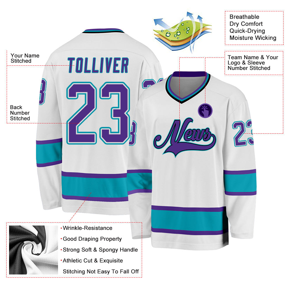 Custom White Purple-Teal Hockey Jersey view 2