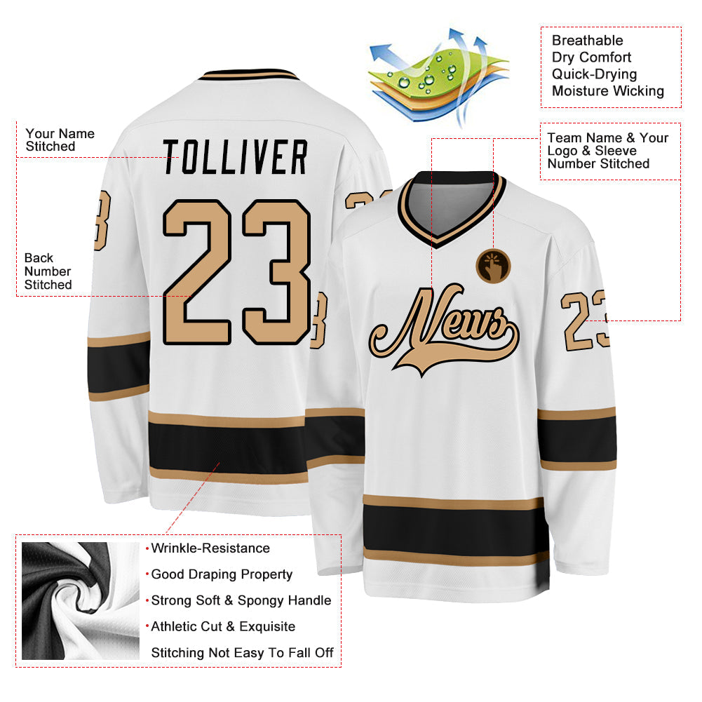 Custom White Old Gold-Black Hockey Jersey view 2