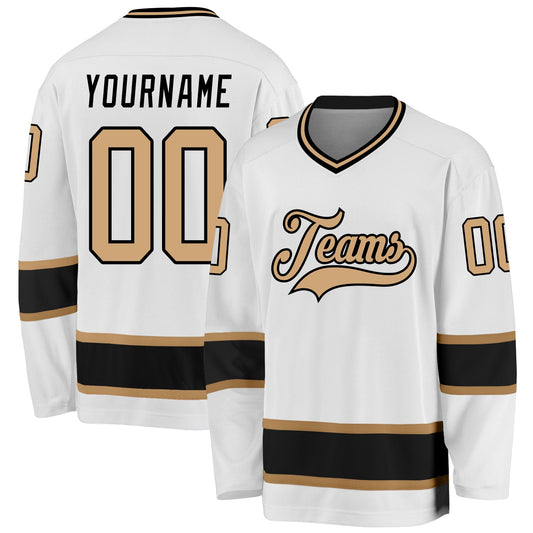 Custom White Old Gold-Black Hockey Jersey - Main View