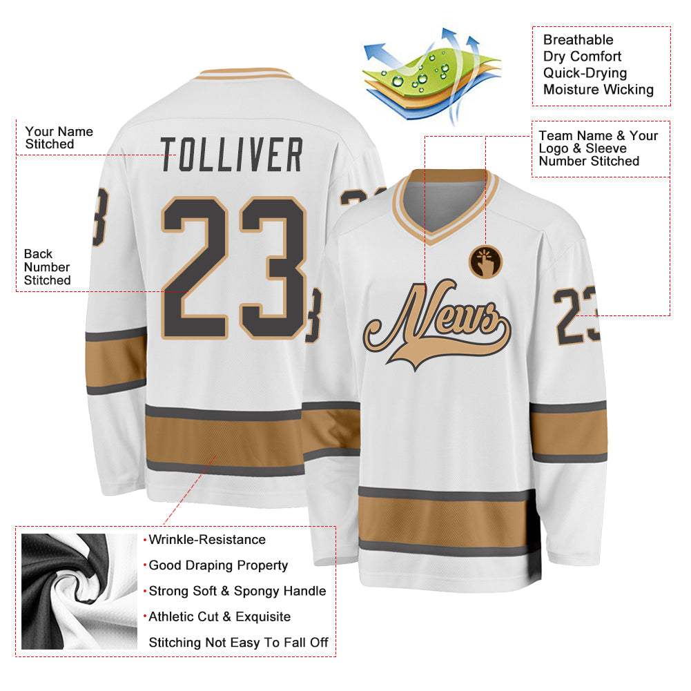 Custom White Steel Gray-Old Gold Hockey Jersey view 2