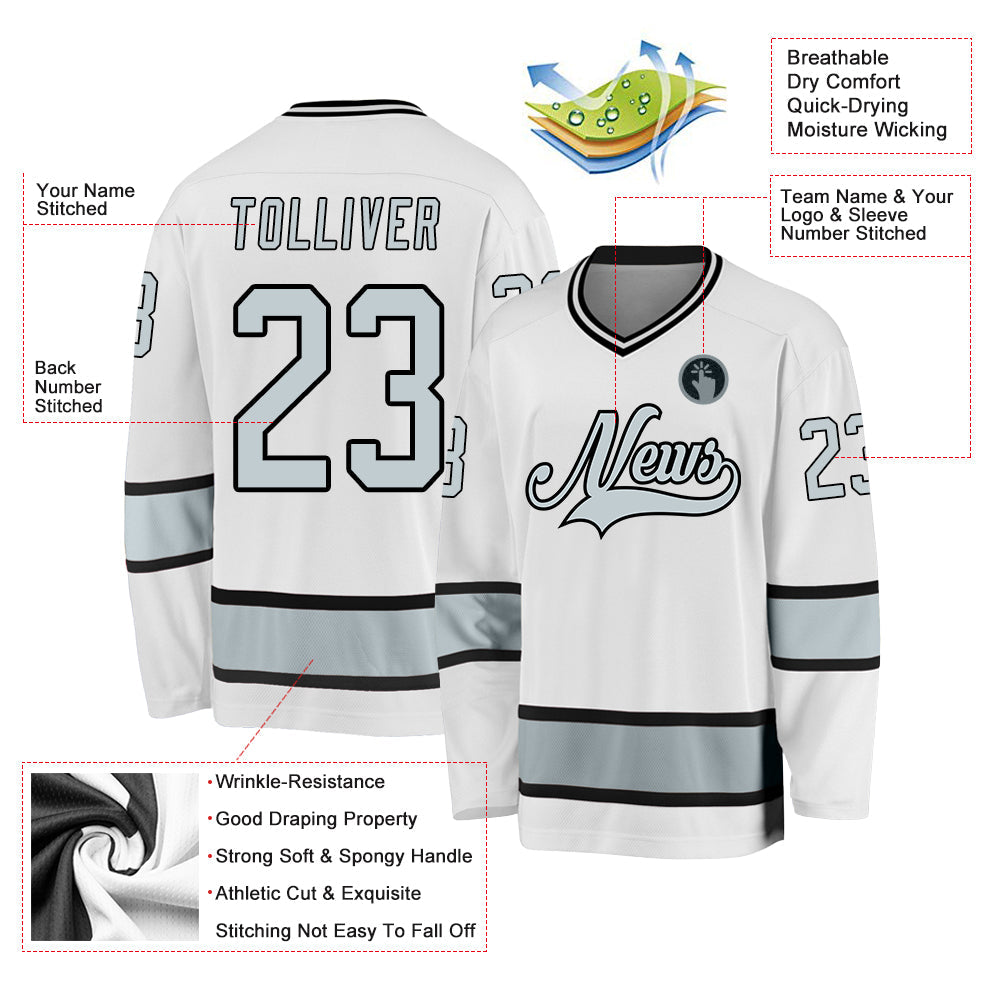 Custom White Silver-Black Hockey Jersey view 2