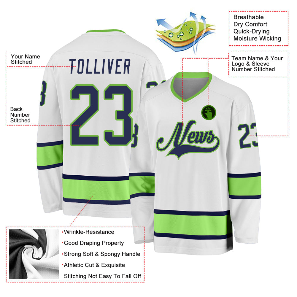 Custom White Navy-Neon Green Hockey Jersey view 2
