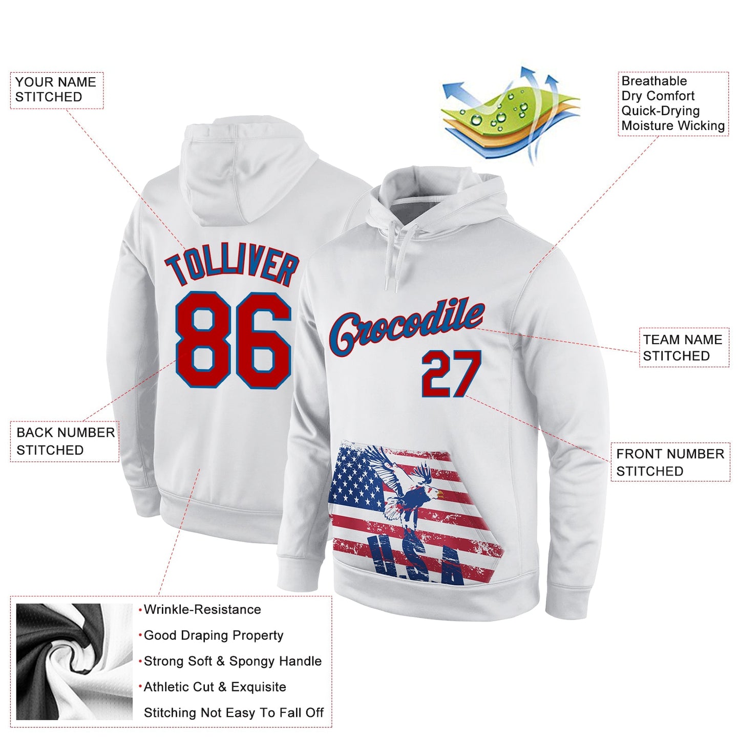 Custom Stitched White Red-Blue 3D American Flag Fashion Sports Pullover Sweatshirt Hoodie view 2