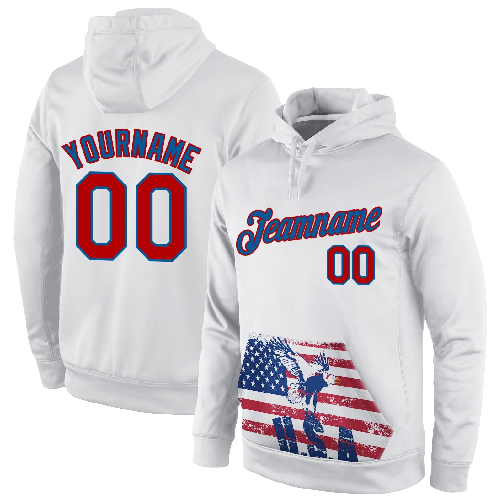 Custom Stitched White Red-Blue 3D American Flag Fashion Sports Pullover Sweatshirt Hoodie - Main View
