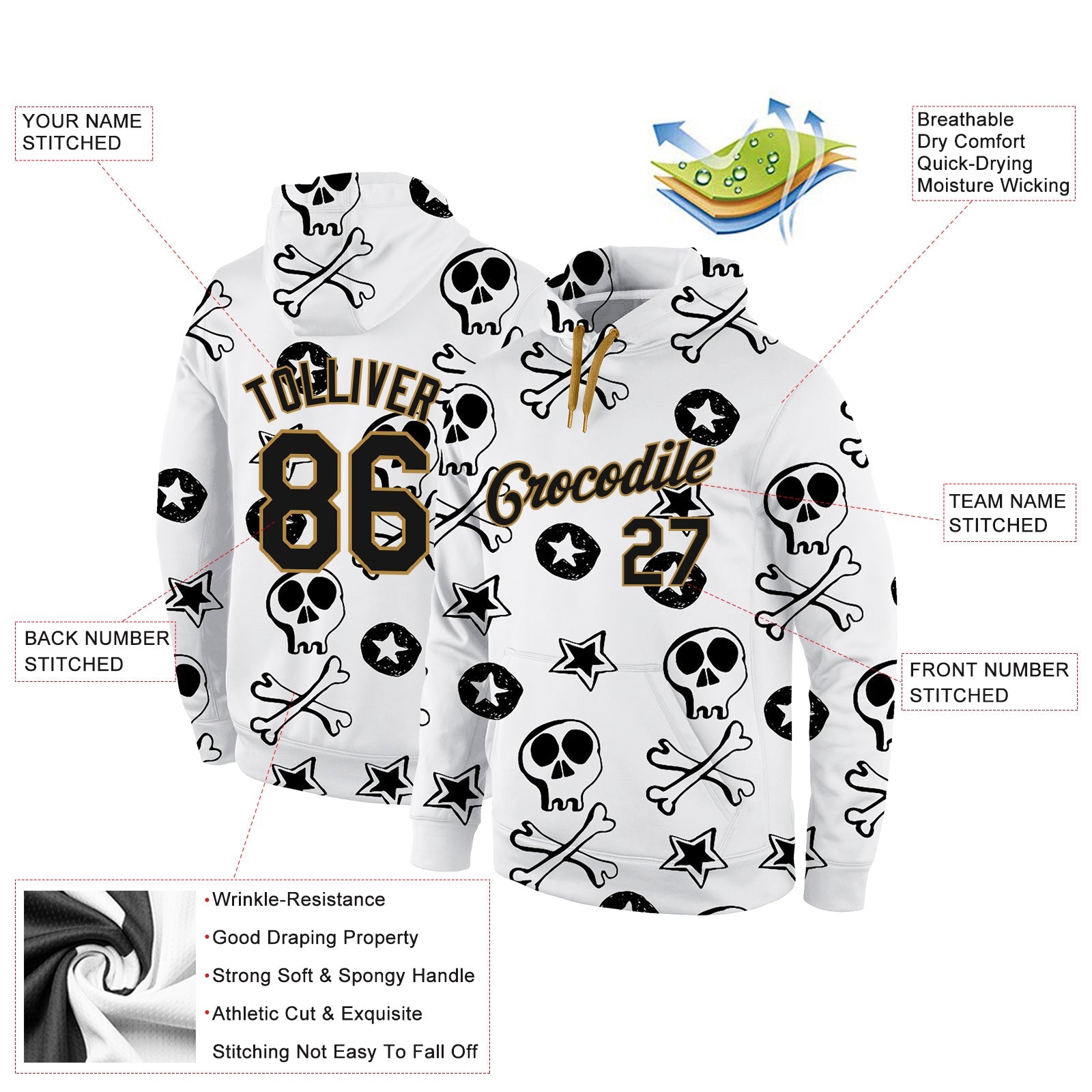 Custom Stitched White Black-Old Gold 3D Skull Fashion Sports Pullover Sweatshirt Hoodie view 2