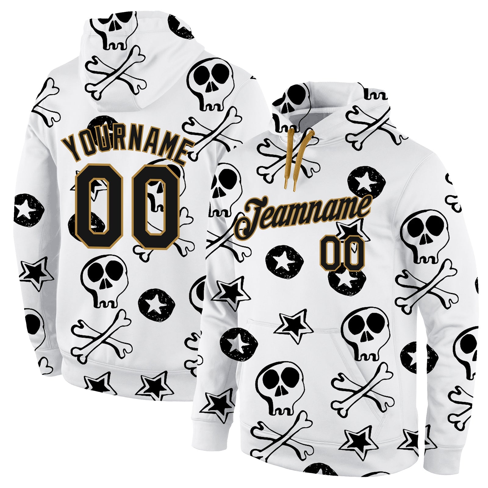 Custom Stitched White Black-Old Gold 3D Skull Fashion Sports Pullover Sweatshirt Hoodie - Main View