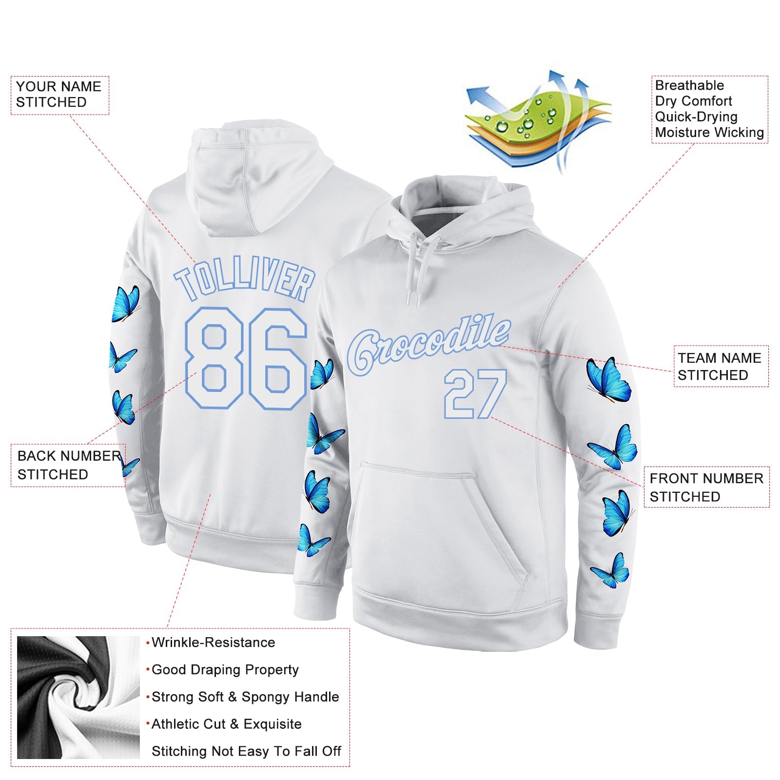 Custom Stitched White White-Light Blue 3D Pattern Design Butterfly Sports Pullover Sweatshirt Hoodie view 2