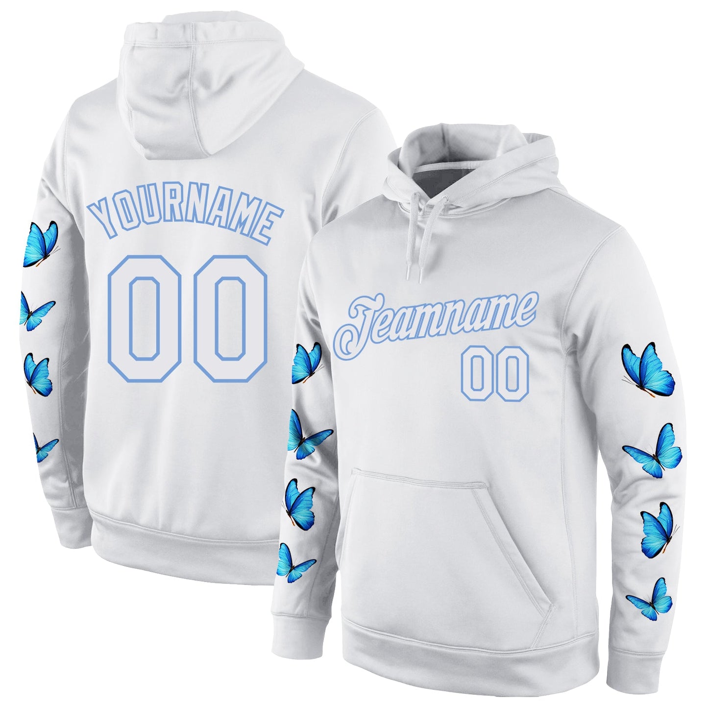 Custom Stitched White White-Light Blue 3D Pattern Design Butterfly Sports Pullover Sweatshirt Hoodie - Main View