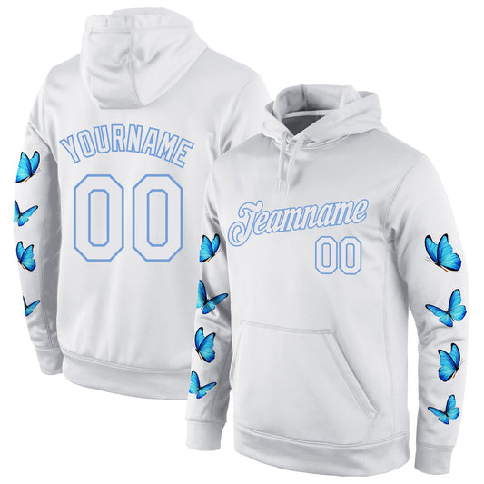 Custom Stitched White White-Light Blue 3D Pattern Design Butterfly Sports Pullover Sweatshirt Hoodie - Main View