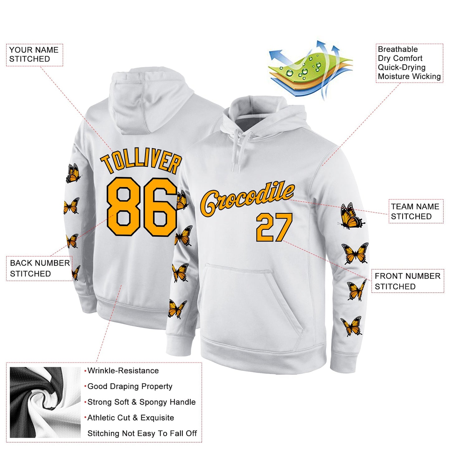 Custom Stitched White Gold-Black 3D Pattern Design Butterfly Sports Pullover Sweatshirt Hoodie view 2