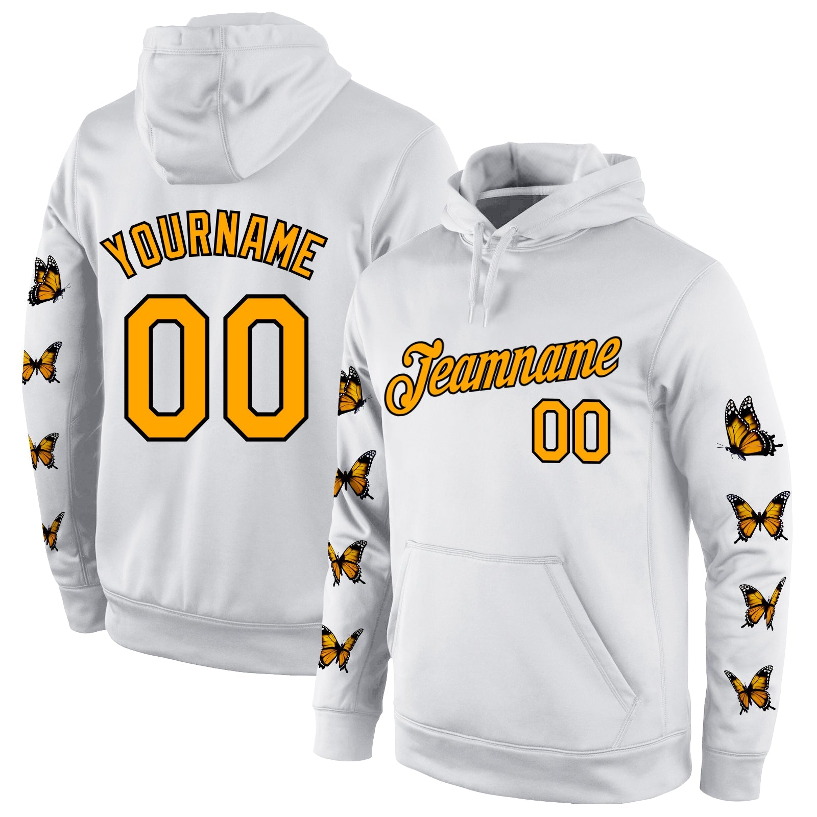 Custom Stitched White Gold-Black 3D Pattern Design Butterfly Sports Pullover Sweatshirt Hoodie - Main View