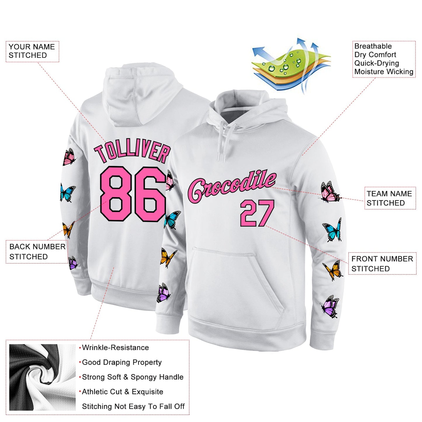 Custom Stitched White Pink-Black 3D Pattern Design Pastel Butterfly Sports Pullover Sweatshirt Hoodie view 2