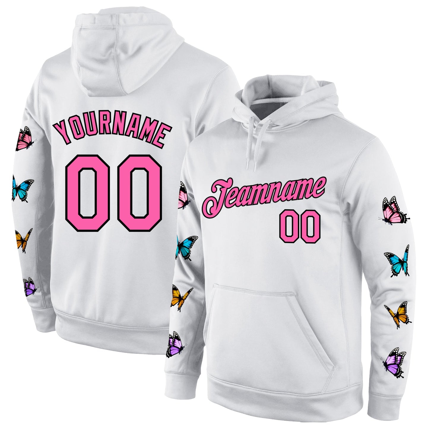 Custom Stitched White Pink-Black 3D Pattern Design Pastel Butterfly Sports Pullover Sweatshirt Hoodie - Main View