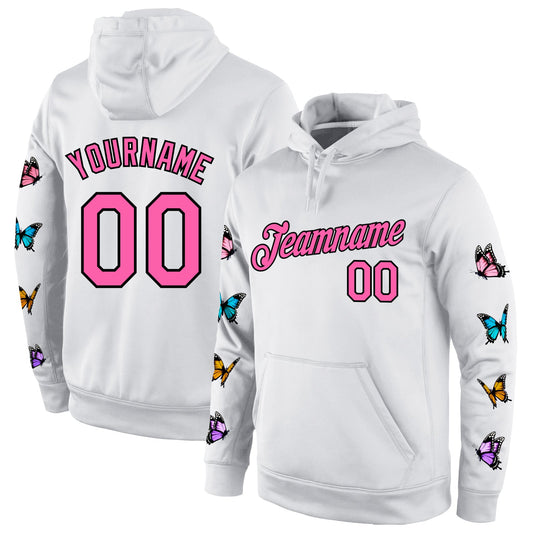 Custom Stitched White Pink-Black 3D Pattern Design Pastel Butterfly Sports Pullover Sweatshirt Hoodie - Main View