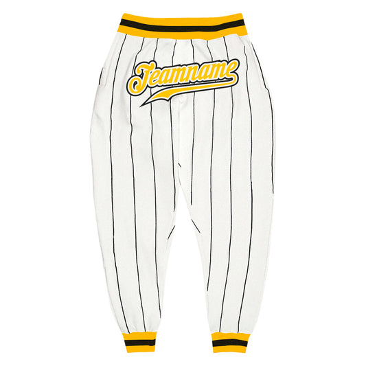 Custom White Black Pinstripe Gold-Black Sports Pants - Main View