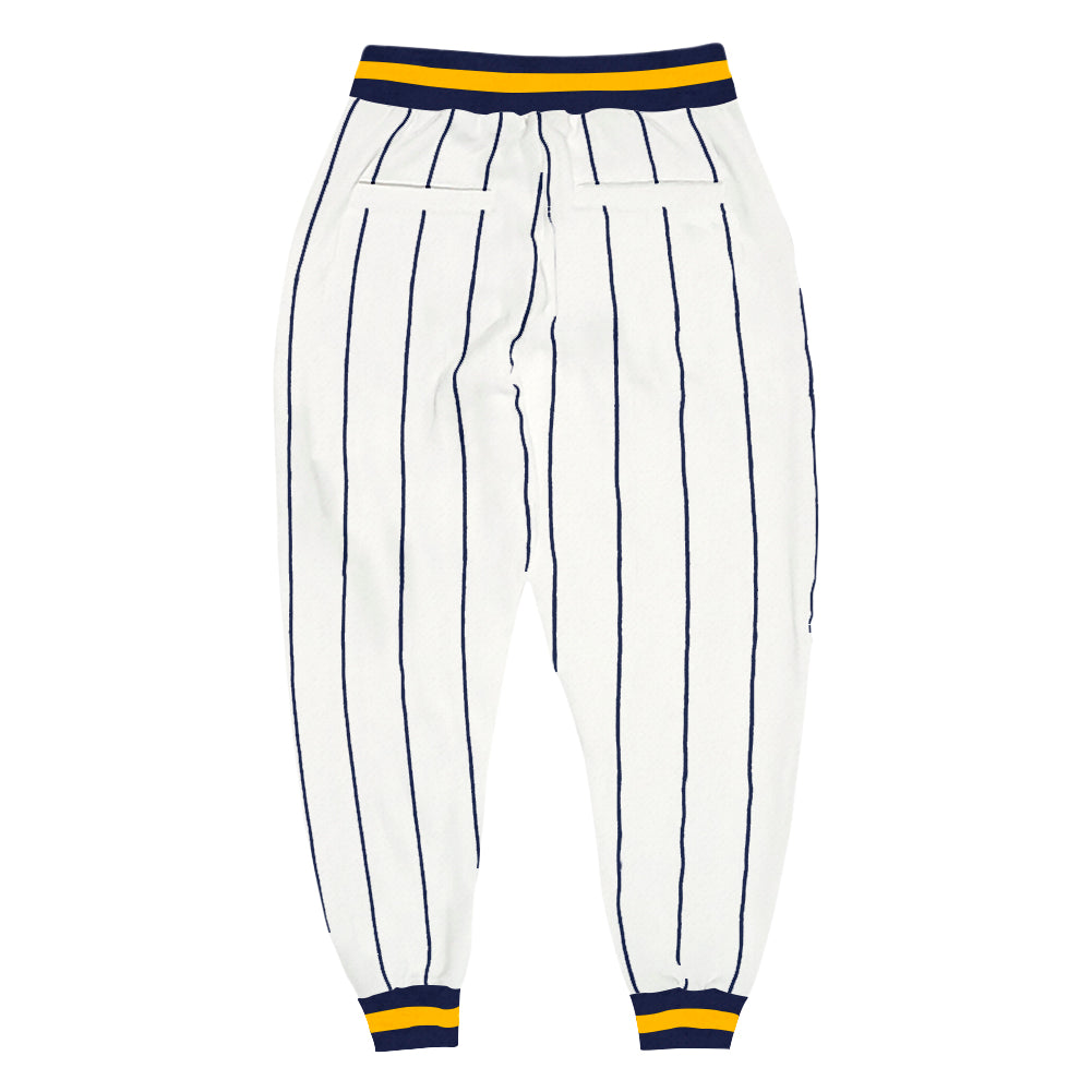 Custom White Navy Pinstripe Navy-Gold Sports Pants view 2