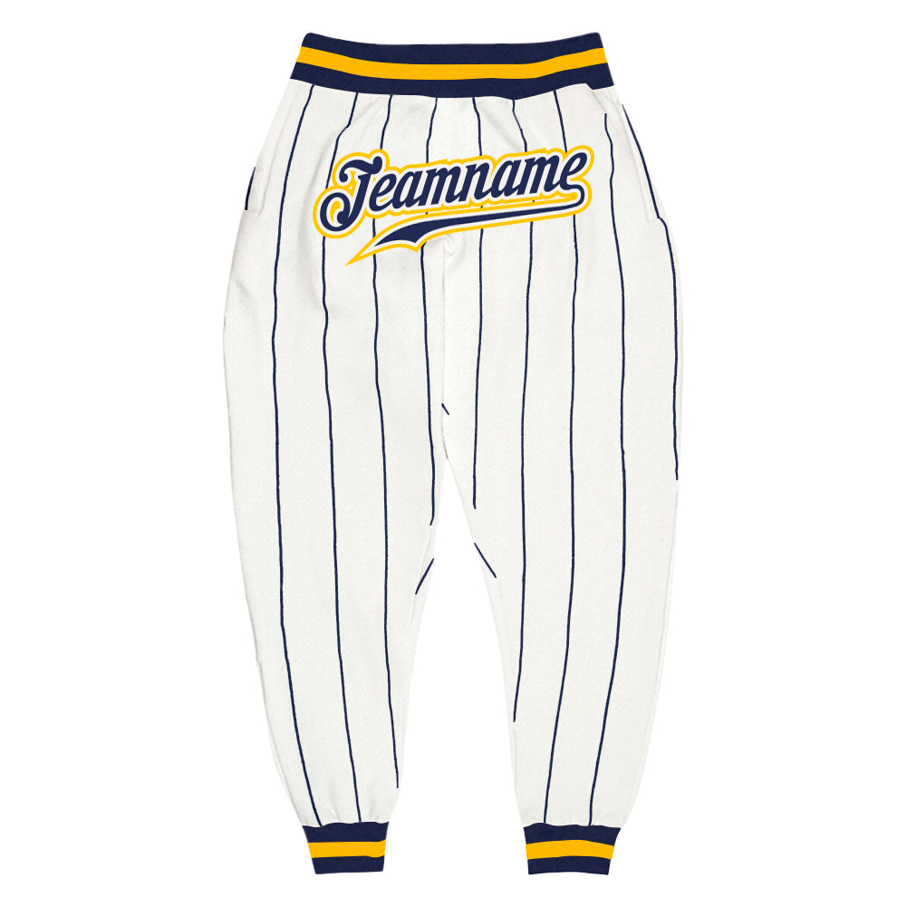 Custom White Navy Pinstripe Navy-Gold Sports Pants - Main View