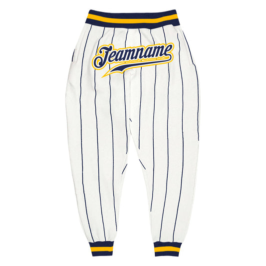 Custom White Navy Pinstripe Navy-Gold Sports Pants - Main View