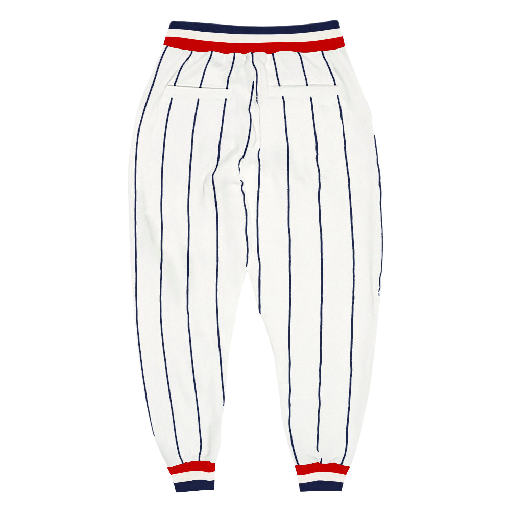 Custom White Navy Pinstripe Navy-Red Sports Pants view 2