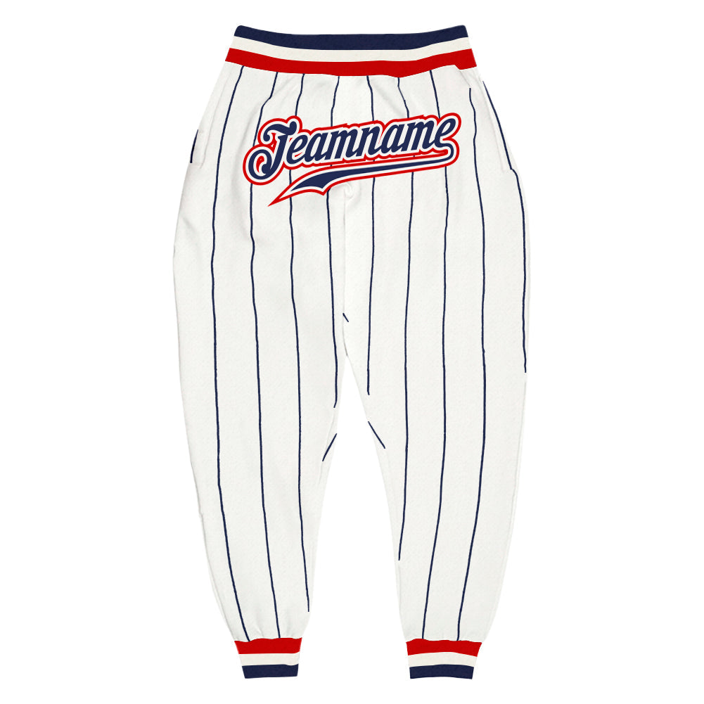 Custom White Navy Pinstripe Navy-Red Sports Pants - Main View