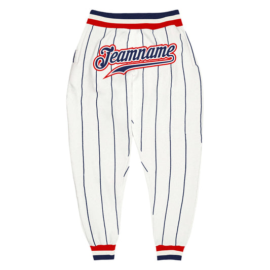 Custom White Navy Pinstripe Navy-Red Sports Pants - Main View
