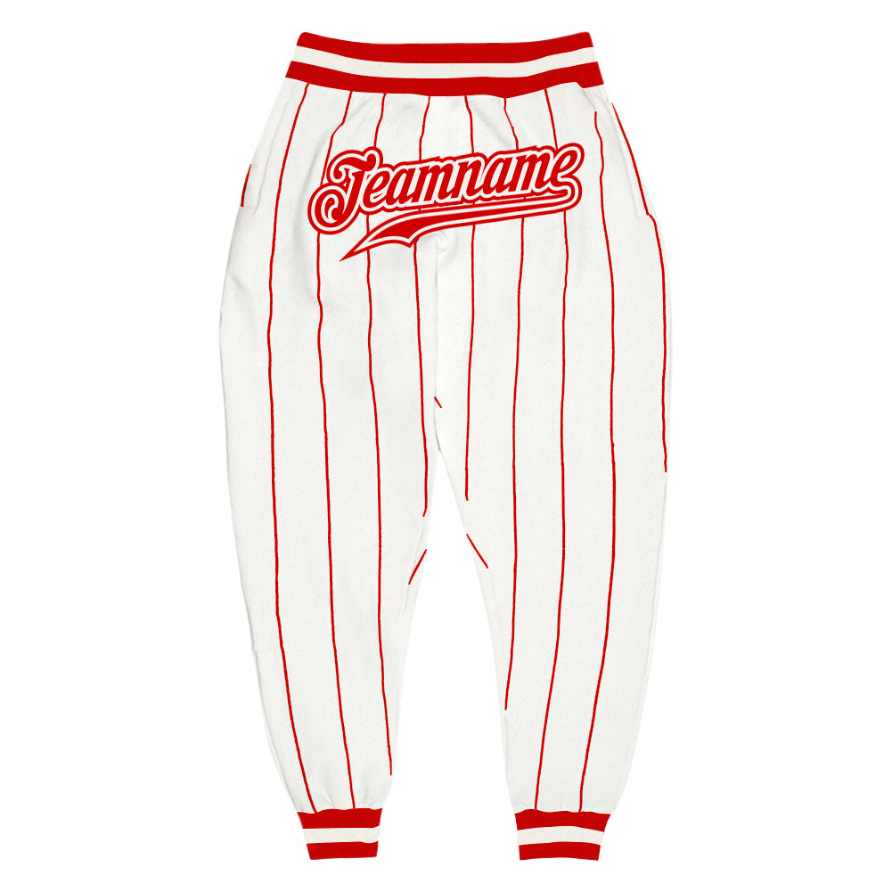 Custom White Red Pinstripe Red-White Sports Pants - Main View