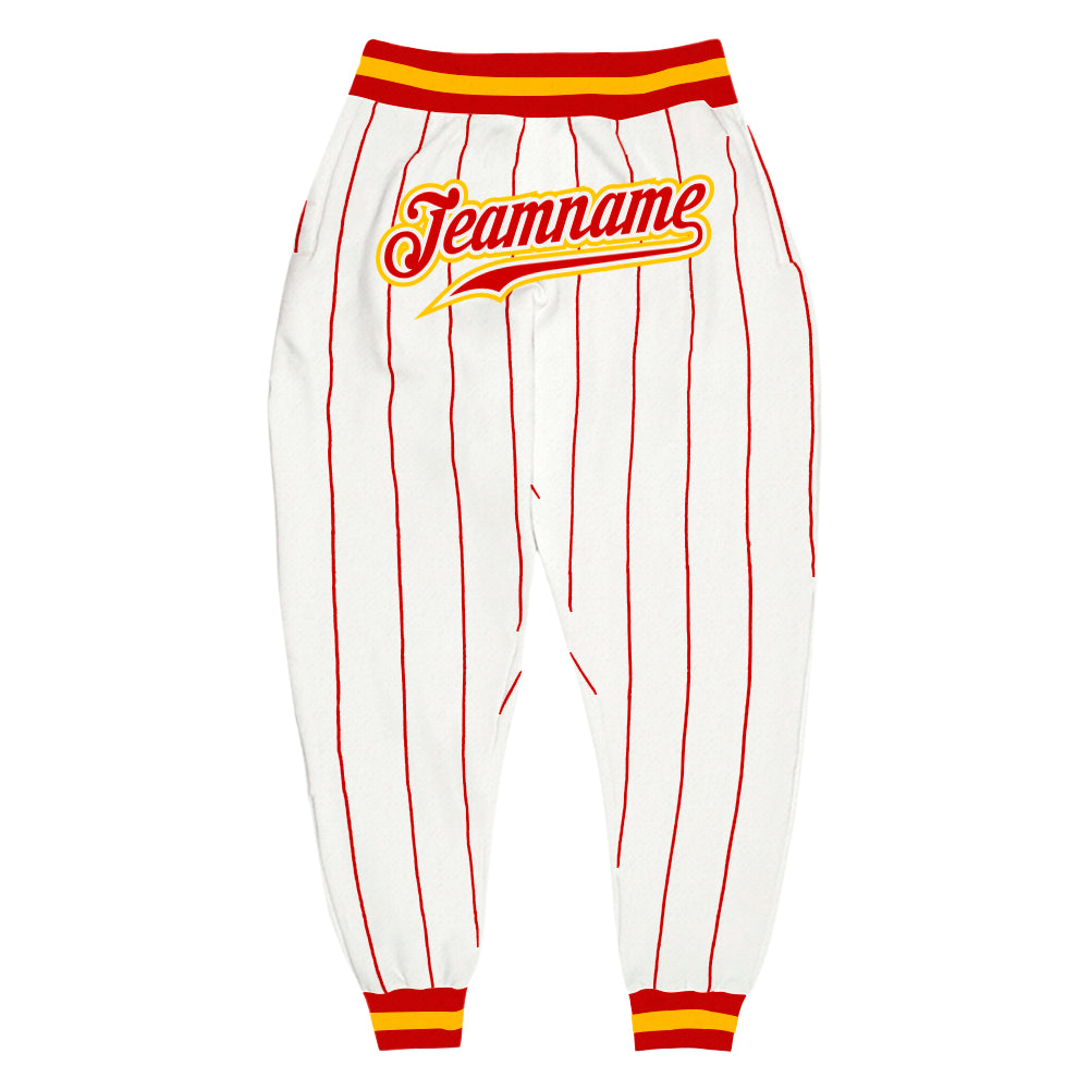 Custom White Red Pinstripe Red-Gold Sports Pants - Main View