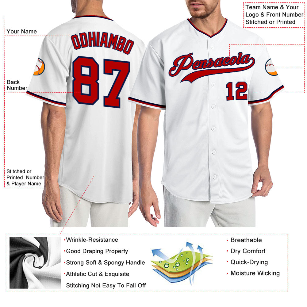 Custom White Red-Navy Authentic Baseball Jersey view 3