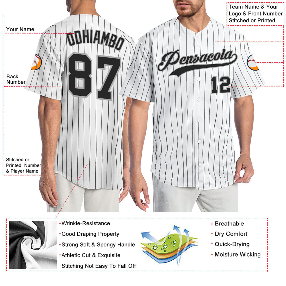 Custom White Black Pinstripe Black-Gray Authentic Baseball Jersey view 3